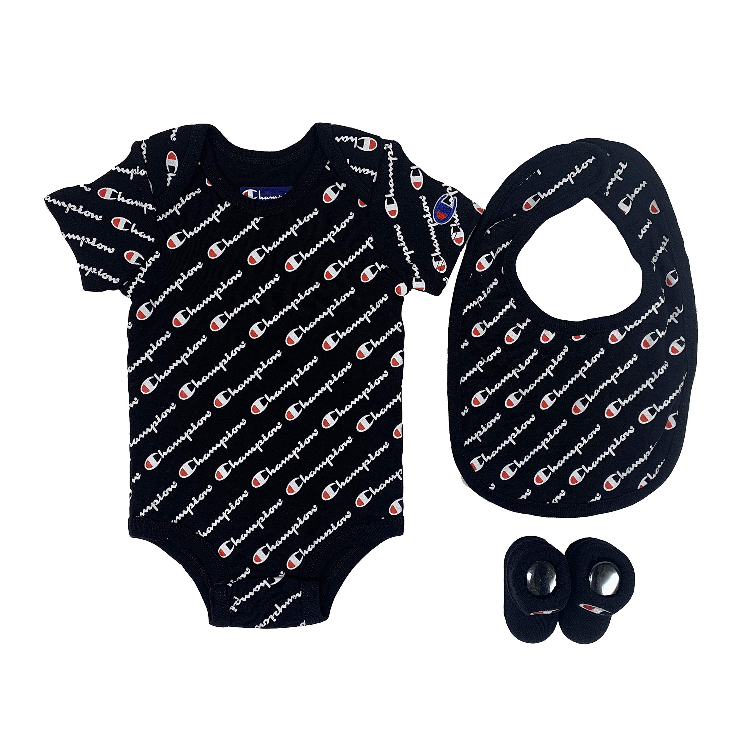 Champion baby-girls unisex-baby Champion All-over-print Infant 3-pc Box Includes a Body Suit, a Bib Or Hat and Pair of Booties in Multiple Colors