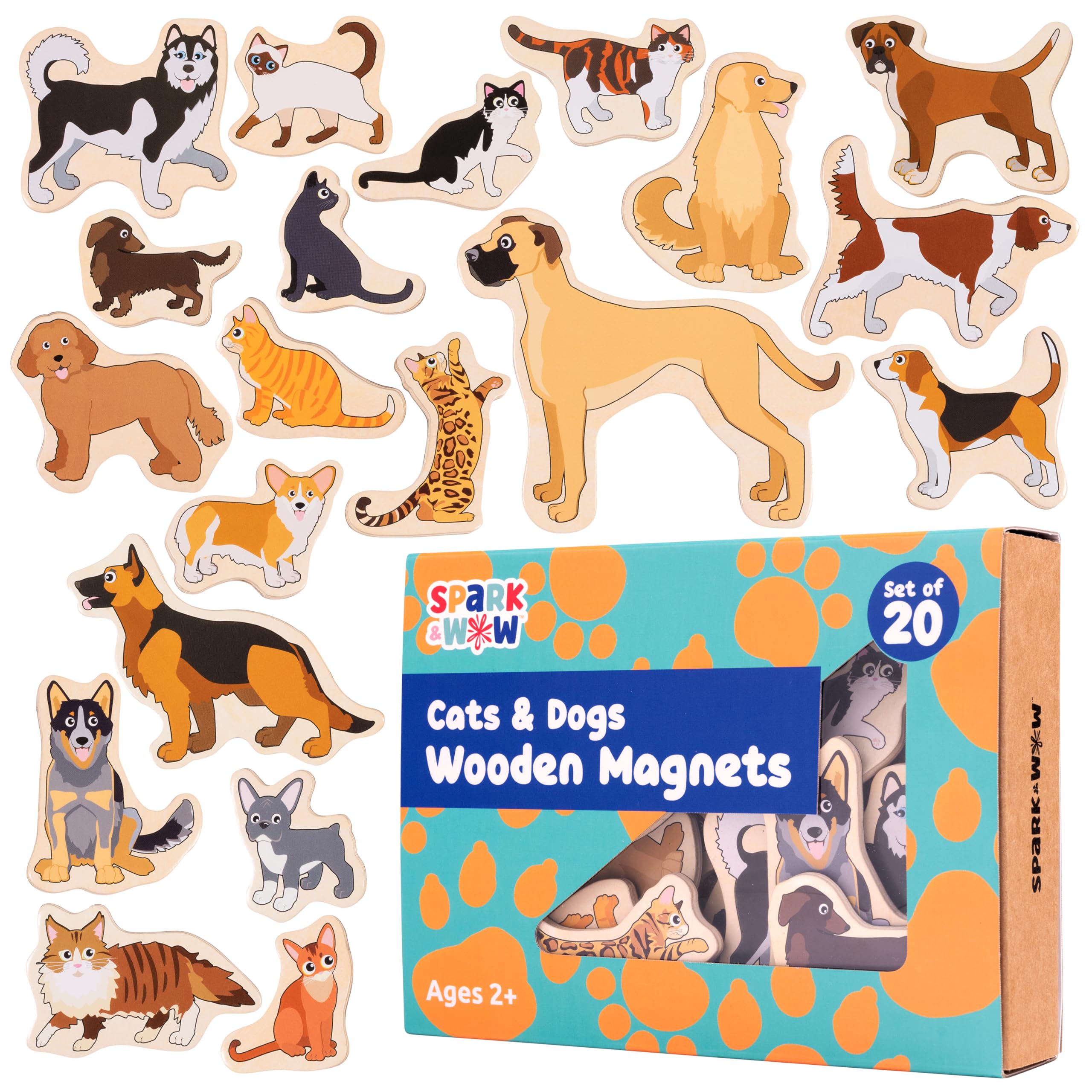 SPARK & WOW Wooden Magnets - Cats and Dogs - Set of 20 - Magnets for Kids Ages 2+ - Cute Cat and Dog Magnets for Fridges, Whiteboards and More