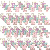 104 Pcs Letter Patch Iron on Chenille A-Z Repair Patches Alphabet Applique Patches Embroidered Letter Sew on Patches with Gold Border for Bags Shirts (Purple White Pink Blue, 2.36'')