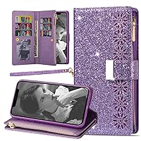 9 Card Slots iPhone 12 Mini Luxury Bling Glitter Sparkly Wallet Case Floral Magnetic Clasp Kickstand PU Leather Cover Women Purse Folio Flip Protective Shell Girly (Purple)