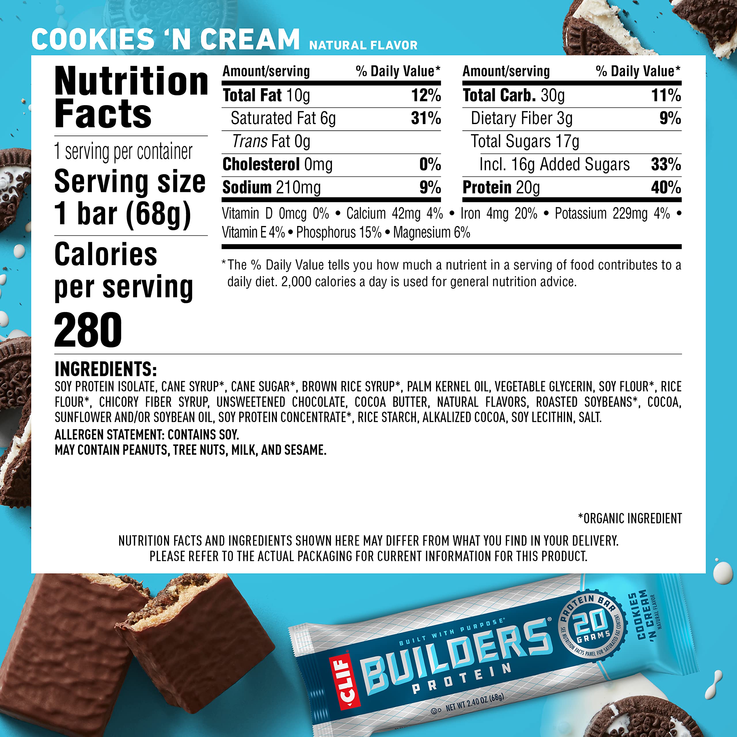 Clif Builders Bar - Protein Bars - Cookies and Cream - 20g Protein - Gluten Free (2.4 Ounce, 12 Count)