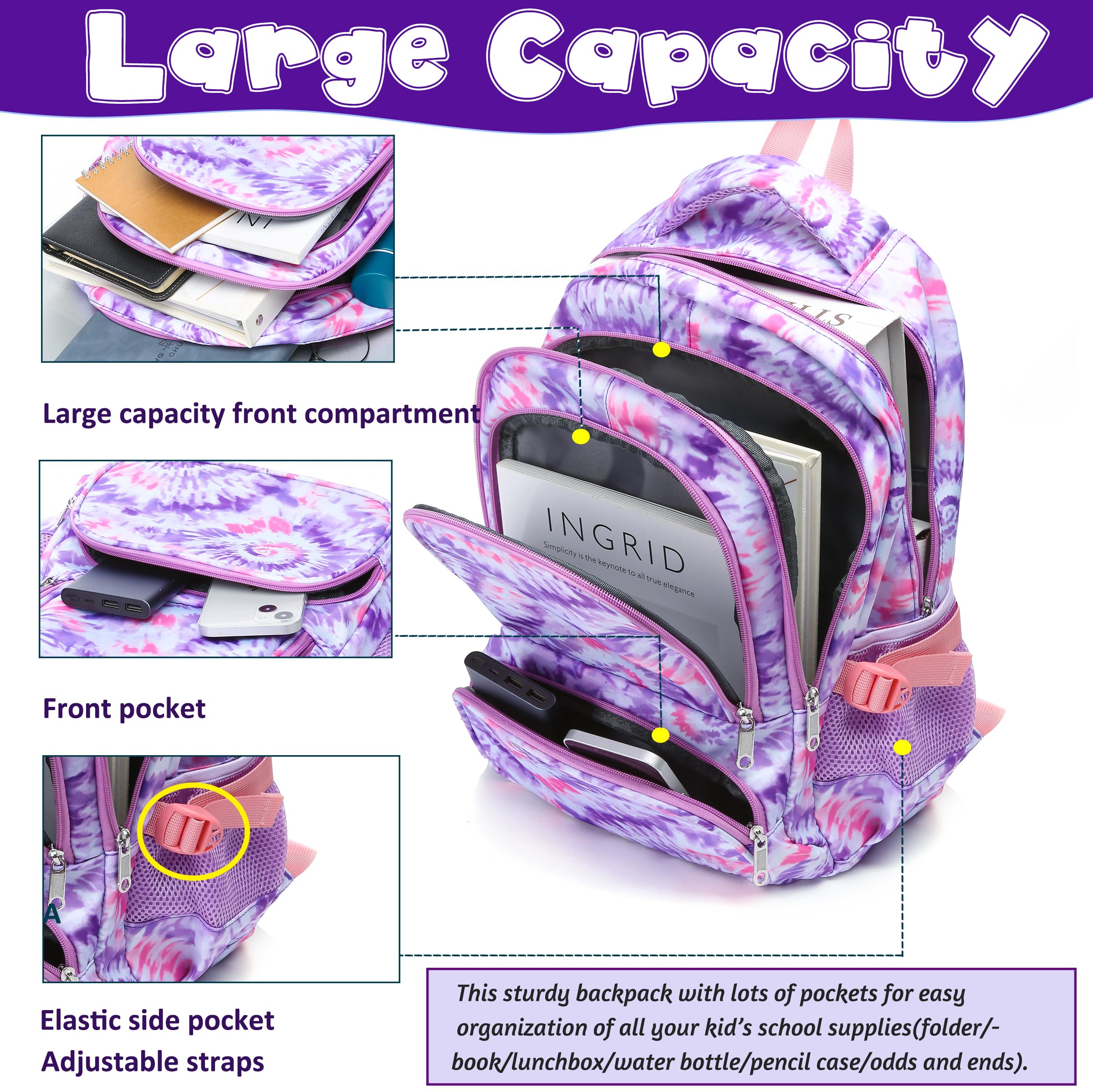 BLUEFAIRY Kids Backpack for Girls Elementary Primary Middle School Bags for Teens Childs Tie Dye Bookbags Cute Durable Travel Gifts Morrales Mochilas para Niñas de 4 5 6 7 8 9 Nños 17 Inch (Purple)