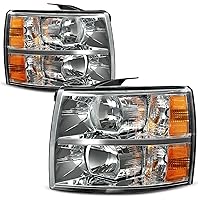 AUTOSAVER88 Headlight Assembly Compatible with 2007-2013 Chevy Silverado 1500/2007-2014 Silverado 2500 HD 3500 HD Replacement Headlamp Driving Light Chrome Housing Amber Reflector Smoke Lens