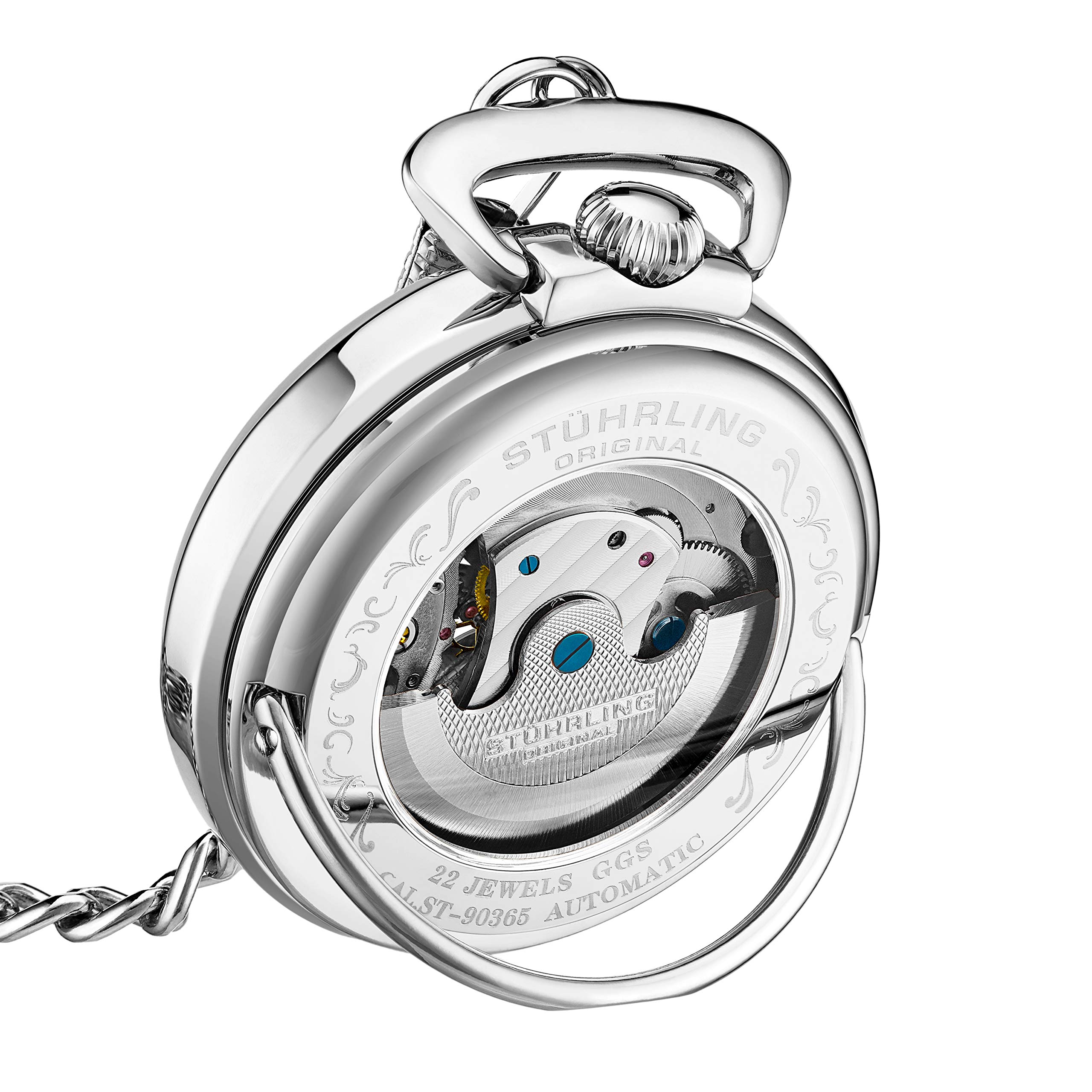 Stuhrling Orignal Mens Pocket Watch Automatic Watch Skeleton Watches for Men- Mechanical Watch with and Stainless Steel Chain -Dual Time AM/PM Sun Moon Subdial