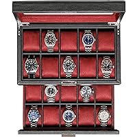 ROTHWELL 20 Slot Leather Watch box - Luxury Watch Case Display Jewelry Organizer, Locking Watch Display Case Holder with Large Real Glass Top - Watch Box Organizer for Men and Women (Black/Red)