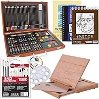 U.S. Art Supply 103-Piece Deluxe Art Creativity Set in Wooden Case with Wood Desk Easel - Artist Painting Pad, 2 Sketch Pads, 24 Watercolor Paint Colors, 17 Brushes, 24 Colored Pencils, Drawing Kit
