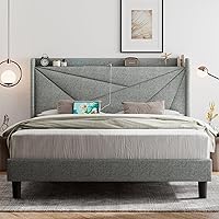 Queen Bed Frame with Type-C & USB Ports, Upholstered Platform Bed Frame with Wingback Storage Headboard, Solid Wood Slats Support, No Box Spring Needed, Noise-Free, Light Gray