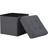 Ornavo Home 15 Inch Square Storage Ottoman Cube, Tufted Square Linen Storage Ottoman Chest, Footrest, Toy Chest Ottoman with Storage - (Black)