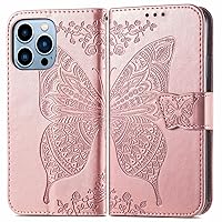 Fashion Charming Butterfly Pattern PU+TPU Phone case with Wallet Card Holder for iPhone 14 13 12 11 8 7 6 S X XS XR Plus Pro Max Mini SE Cover Skin-Friendly Shockproof Bumper(Rose Gold,XR)