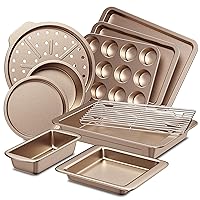 HONGBAKE Bakeware Sets, Baking Pans Set, Nonstick Oven Pan for Kitchen with Wider Grips, 10-Piece Including Rack, Cookie Sheet, Cake Pans, Loaf Pan, Muffin Pan, Pizza Pan - Champagne Gold