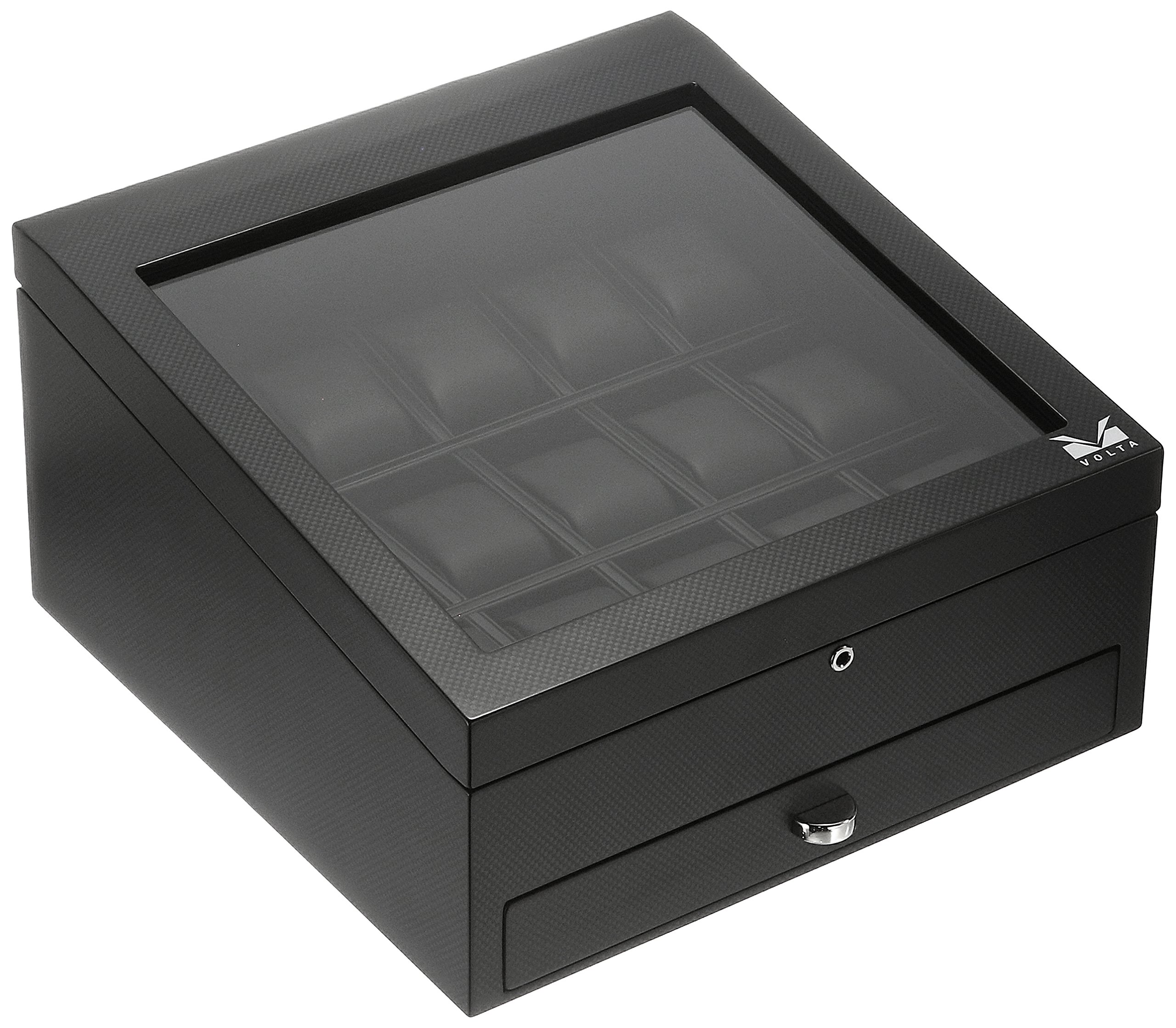 Volta Lockable 15-Watch Leather-Lined Matte-Finished Case with See-Through Top and Storage Drawer