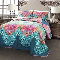 Lush Decor Boho Chic Reversible Cotton Quilt 3-Piece Set, King, Turquoise & Navy - Bright Paisley Print, Vibrant & Colorful Bohemian Bedding Set