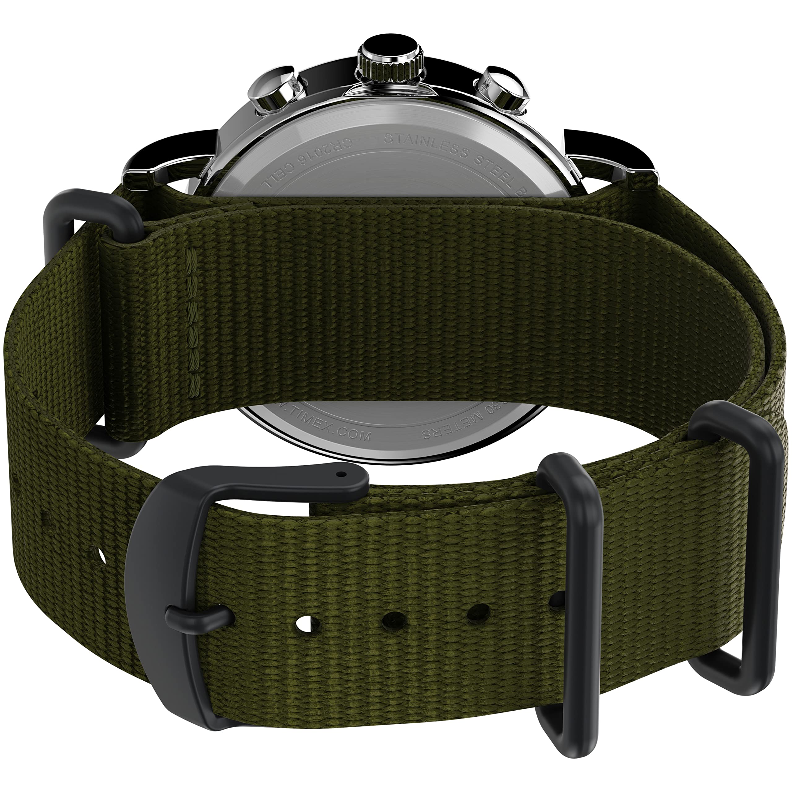 Timex Men's Weekender Chronograph 40mm Watch – Silver-Tone Case Cream Dial with Green Fabric Slip-Thru Strap