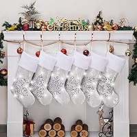 LUBOT 6 Pack Christmas Stockings(20inch) White with LED Light Sparkly Silver Sequins Large Embroidery Family Xmas Stocking Hanging for Holiday Decorations