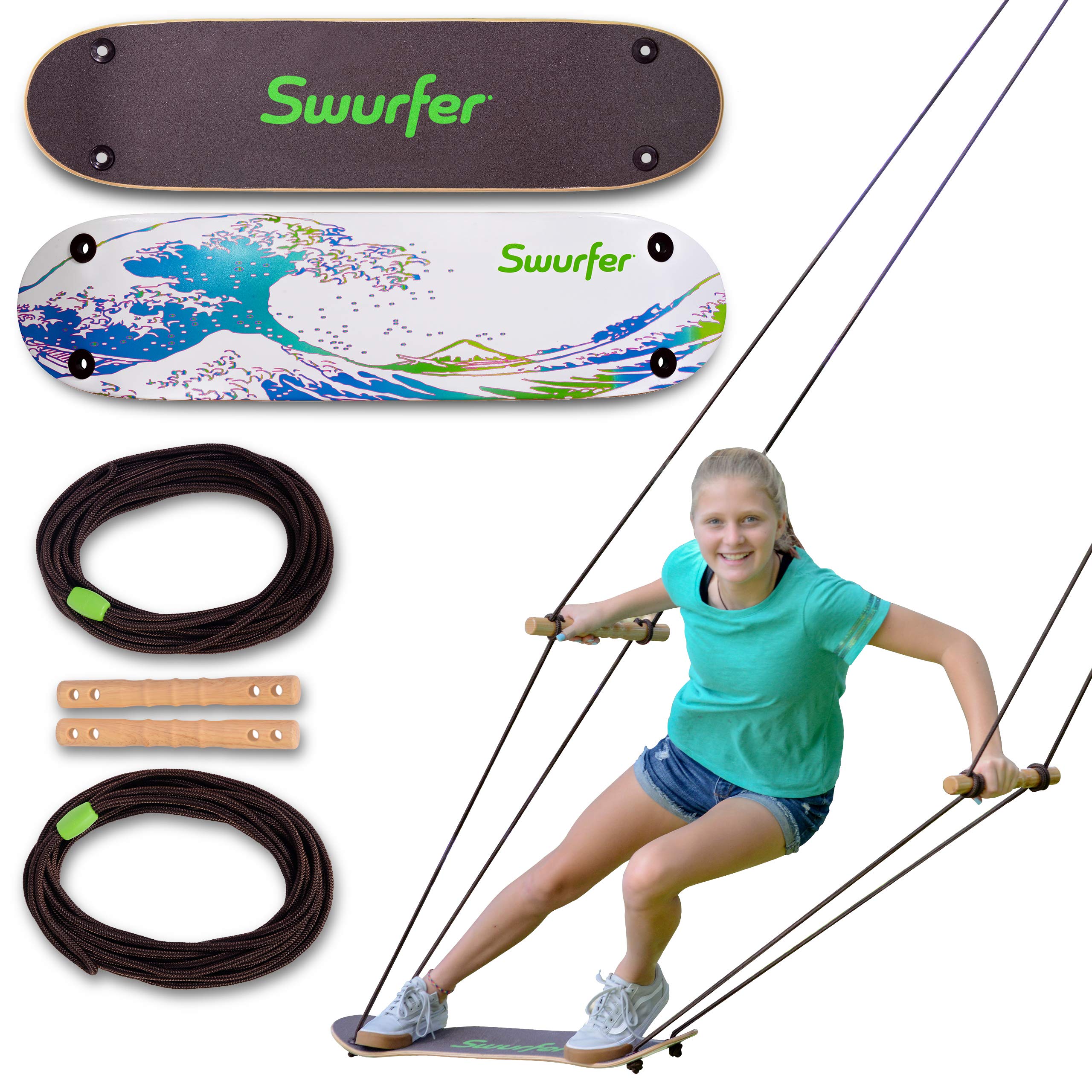 Swurfer TreeSkate Skateboard Swing, Outdoor Stand Up Surf Swing, Holds Up to 200 lbs, Ages 6 and Up, Adjustable Handles, Grip Tape, Kids Outdoor Play Equipment for Children and Adults (Waves)