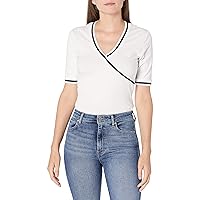 Women's Visual Fitted Short Sleeve V-Neck Fashion T-Shirt, Ivory, S
