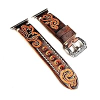 NICKSTON Embossed Tooled Brown and Orange Genuine Leather Luxury Band Strap Compatible with Apple Watch 38 mm 40 mm 42 mm 44 mm iWatch 1 2 3 4 Series