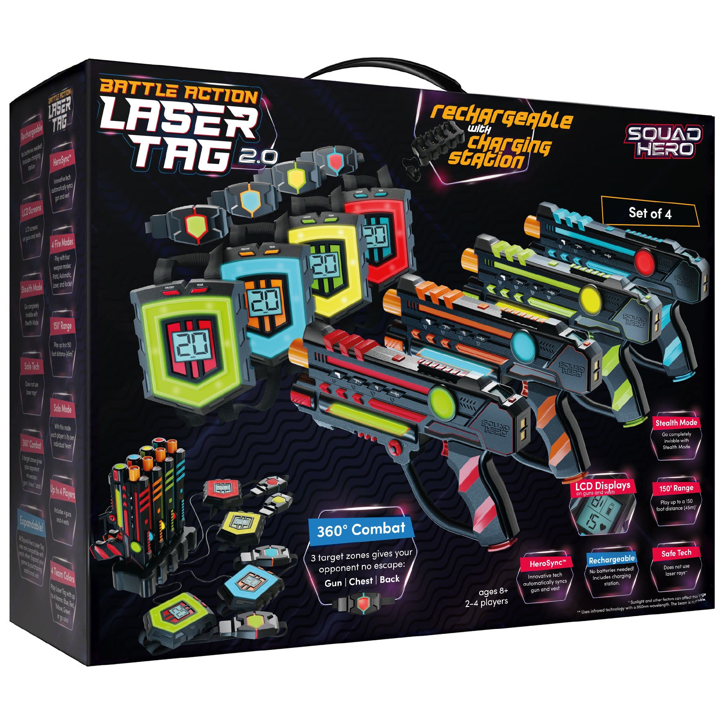 Squad Hero Rechargeable Laser Tag Set Innovative Lcds & Sync Pack Of 4 Infrare 