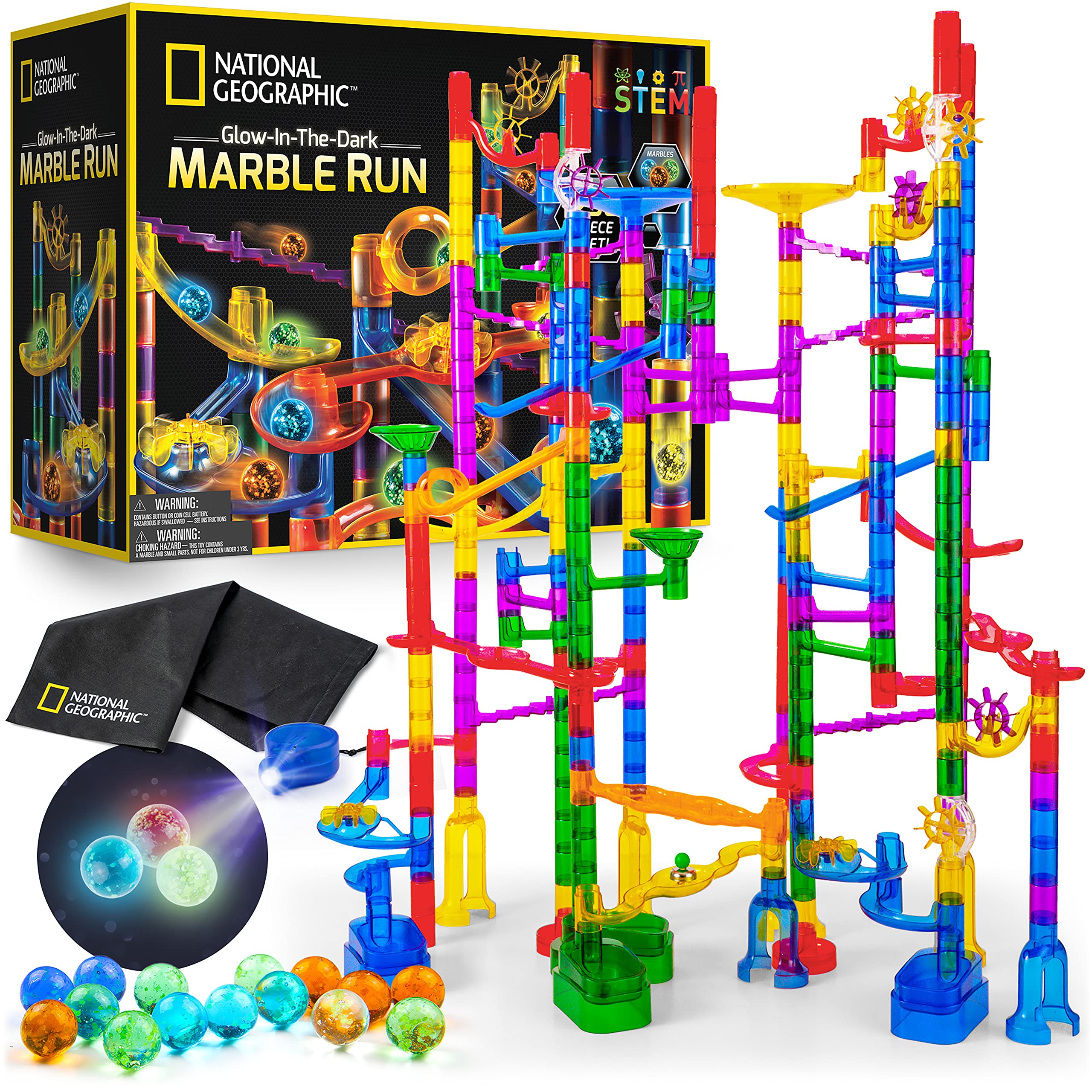 NATIONAL GEOGRAPHIC Glowing Marble Run – 250 Piece Construction Set with 50 Glow In The Dark Glass Marbles & Storage Bag, STEM Gifts for Boys and Girls, Building Project Toy (Amazon Exclusive)