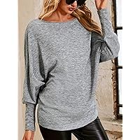 Women's T-Shirt Boat Neck Batwing Sleeve Tee (Color : Gray, Size : Medium)