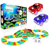 Glow Race Tracks and LED Toy Cars - 360pk Glow in The Dark Bendable Rainbow Race Track Set STEM Building Toys for Boys and Girls with 2 Light Up Toy Cars