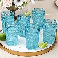 Vintage Textured Aqua Blue Striped Drinking Glasses Set of 6-13 oz Ribbed Glassware with Flower Design | Cocktail Set, Juice Glass, Water Tumbler