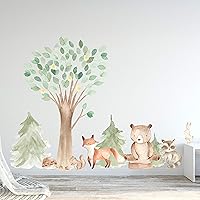 InnovativeStencils Woodland Watercolor Wall Decal Oak Pine Tree Animal Creatures - Bear, Fox, Raccoon, Rabbit, Squirrel, Porcupine Fabric Nursery Decals #3061 (60