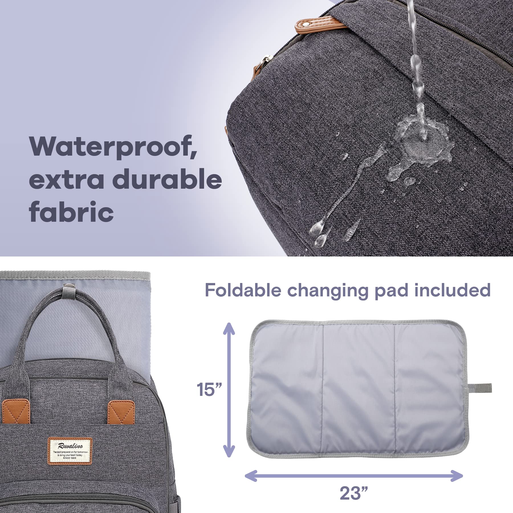 RUVALINO Diaper Bag Backpack, Multifunction Travel Back Pack Maternity Baby Changing Bags, Large Capacity, Waterproof and Stylish, Dark Gray