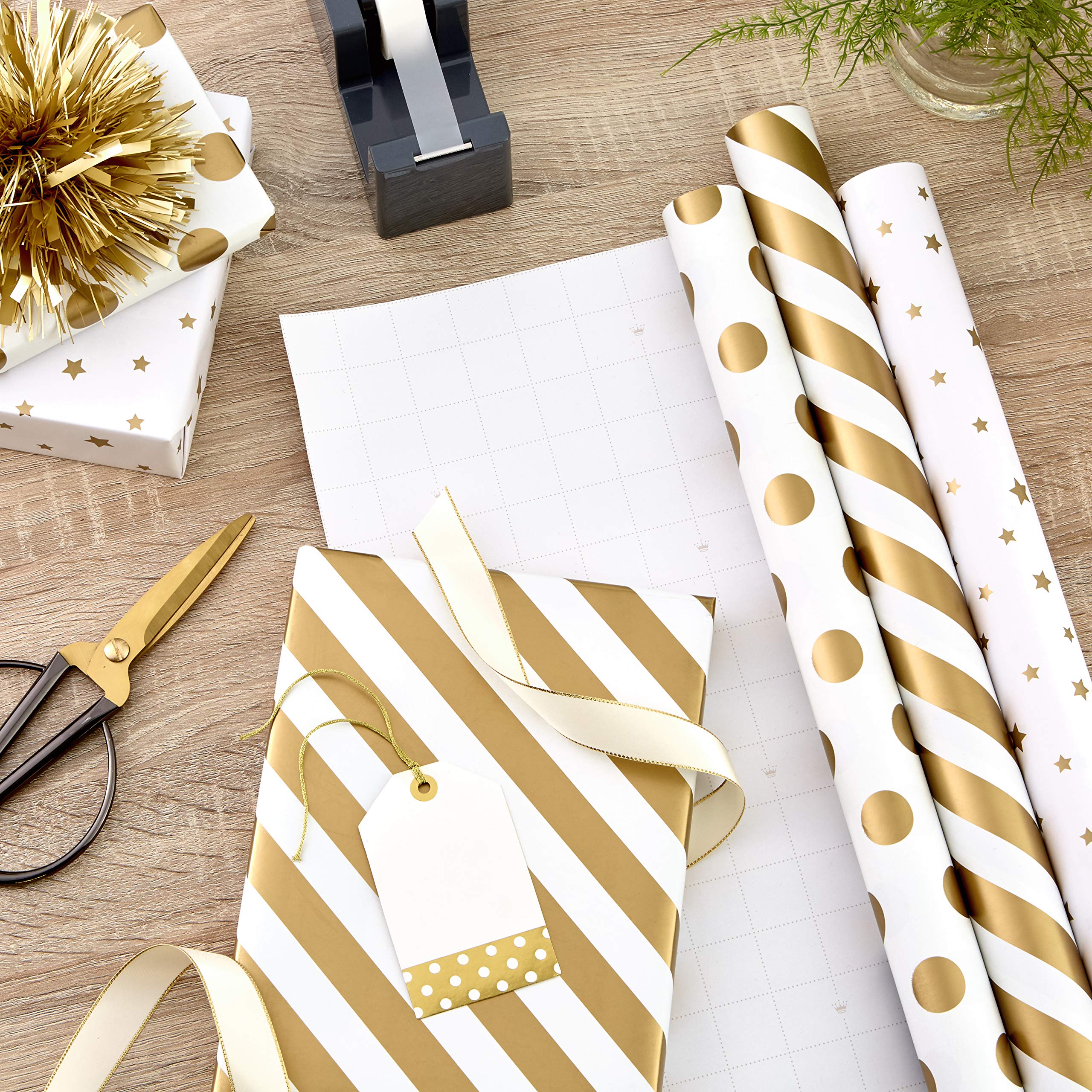 Hallmark Gold and White Wrapping Paper with Cutlines on Reverse (3 Rolls: 105 sq. ft. ttl) for Birthdays, Weddings, Christmas, Hanukkah, Graduations, Engagements, Bridal Showers