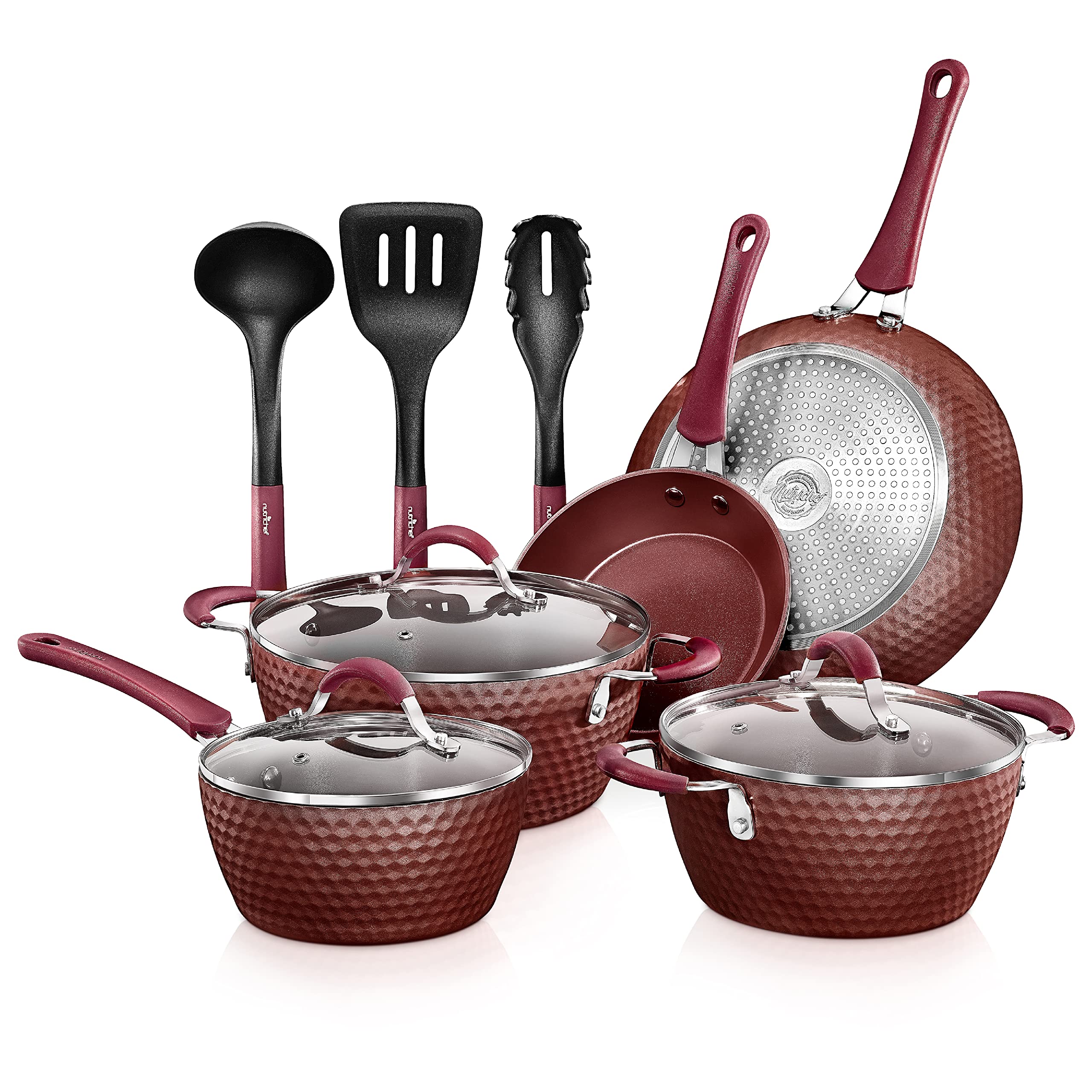 NutriChef Nonstick Cookware Excilon Home Kitchen Ware Pots & Pan Set with Saucepan Frying Pans, Cooking Pots, Lids, Utensil PTFE/PFOA/PFOS free, 11 Pcs, Purple Diamond, One size