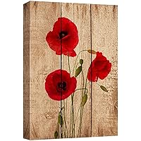wall26 Canvas Print Wall Art Vivid Red Poppy Flower Trio on Wood Panels Nature Wilderness Digital Art Realism Chic Colorful Multicolor Ultra for Living Room, Bedroom, Office - 16