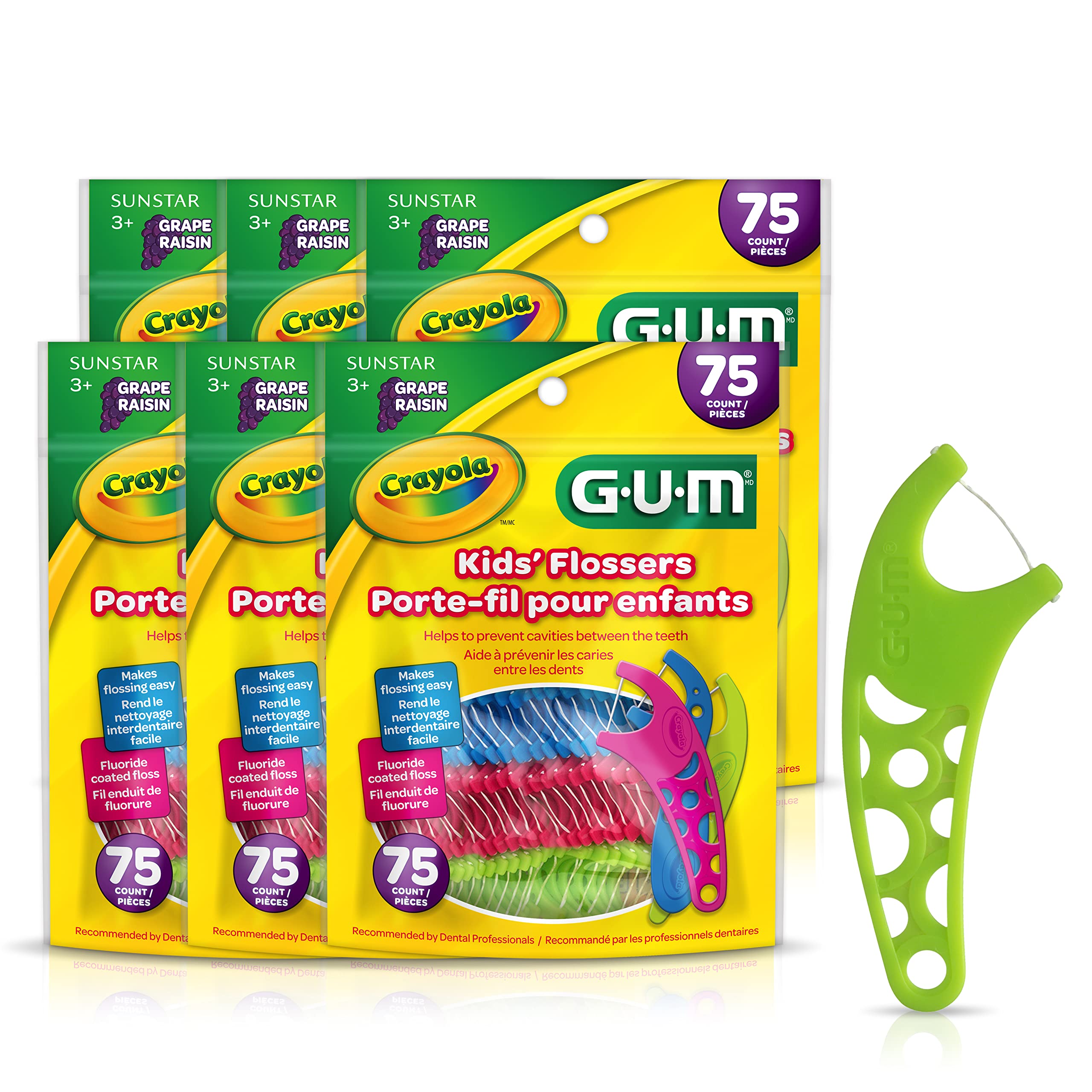 GUM - 70070942306514 Crayola Kids? Flossers, Grape, Fluoride Coated, Easy Grip Handle, Ages 3+, 75 Count, (Pack of 6)