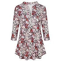 Ninedaily Women's 3/4 Sleeve Plaid Shirts Zip Floral Casual Tunic Blouse Tops