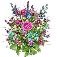 30 Stem Artificial flowers Morning Glory & Ranunculus Bush Spring Faux Flower Arrangement for Indoor Wedding home decor, Cemetery Decorations, TURQ/LIL/CEL