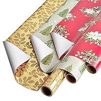 Papyrus Christmas Wrapping Paper Rolls, Gold Holly, Christmas Trees and Doves, White Floral (3 Rolls, 70 sq. ft.)