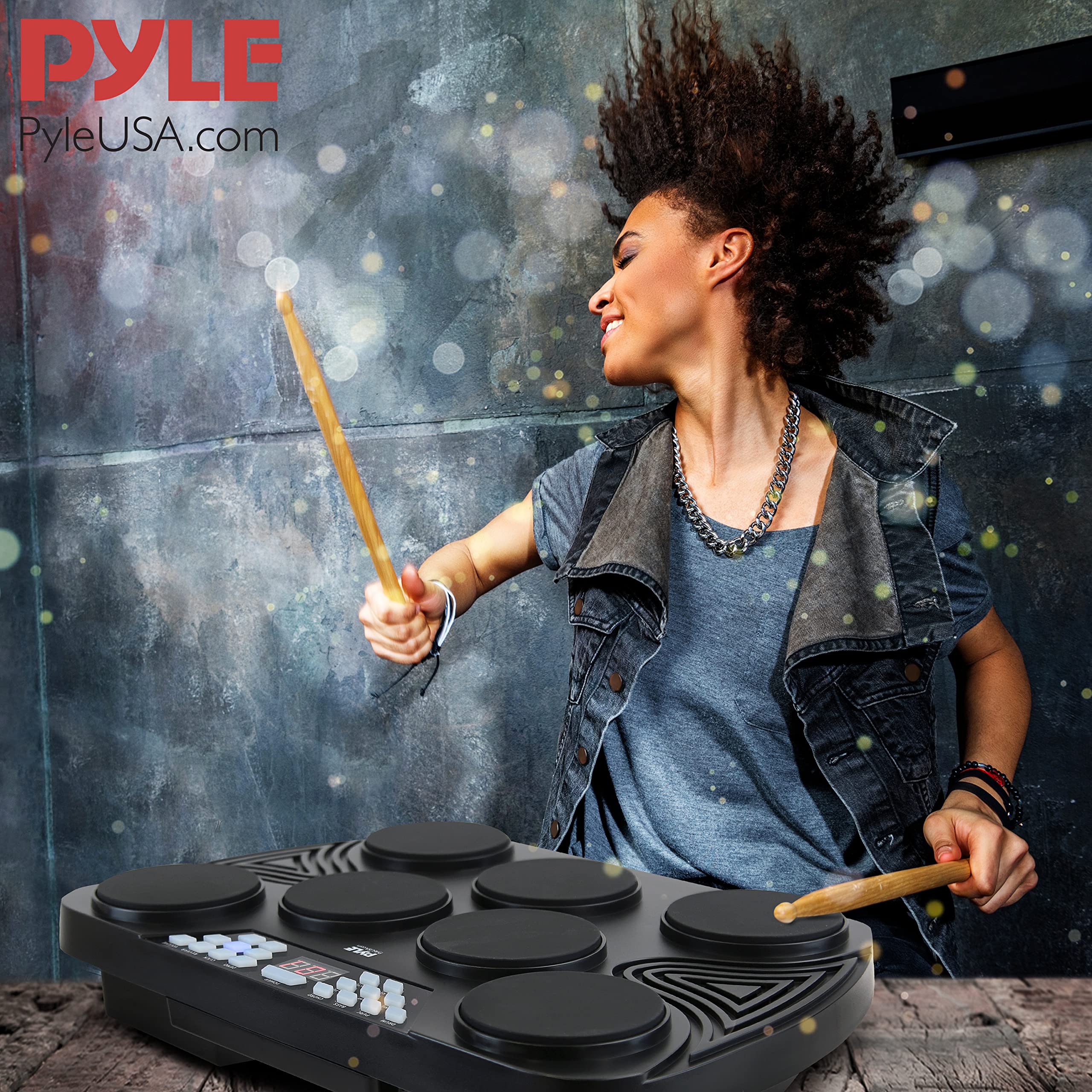 Pyle Electronic, Portable Electric Tabletop Bluetooth Machine, 7 Pads, Toms, Snare Drums, Hi-Hat, Cymbals, Kick Bass, Pedal Controller, USB, AUX, LED Display Panel (PTED08)