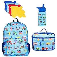 Wildkin Kids Lunch Box, 16 Inch Backpack, 14 Oz Steel Water Bottle, and Ice Pack Bundle for a Convenient, Refreshing, and Delightful Meal Companion (Trains, Planes & Trucks)