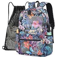 Bluboon Tropical Summer Hawaiian Flower Palm Leaves Mesh Backpack for Girls Kids Semi-Transparent School Bookbag See Through Beach Bag Daypack with Mesh Drawstring Bag Gear Backpack