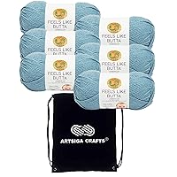Lion Brand Feels Like Butta Dusty Blue 215-108 (6-Skeins - Same Dye Lot) Worsted Medium #4 Polyester Yarn for Crocheting and Knitting - Bundle with 1 Artsiga Crafts Project Bag