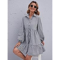 Womens Fall Fashion 2022 Gingham Bishop Sleeve Ruffle Hem Smock Dress (Color : Black and White, Size : Small)