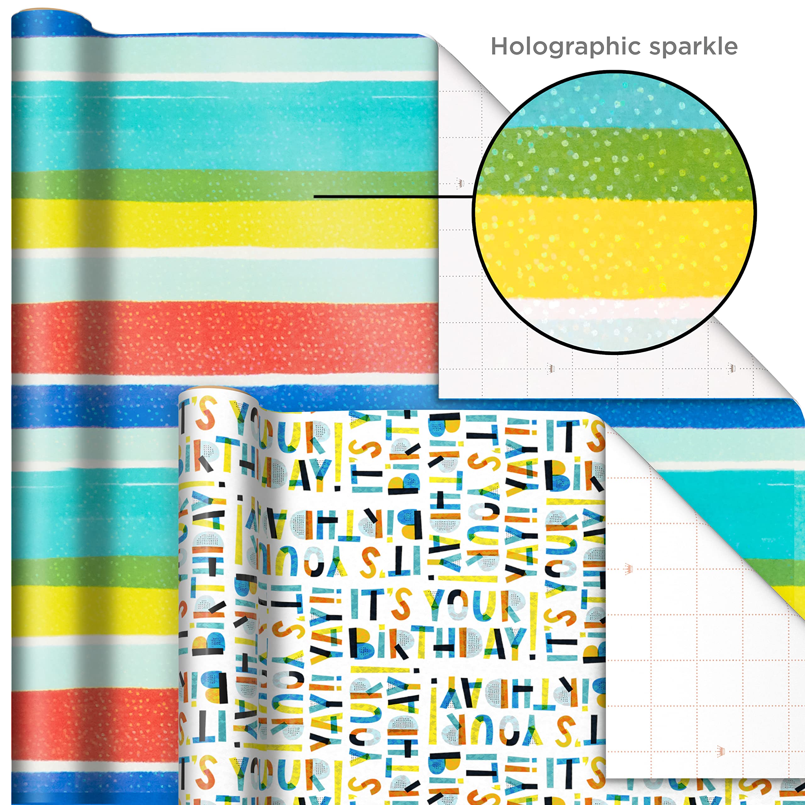 Hallmark Colorful Wrapping Paper Bundle with Cutlines on Reverse (6 Rolls: 110 Square Feet Total) Llamas, Zebras, Cupcakes, Holographic Stripes, Polka Dots for Birthdays, Kids Parties, Back to School