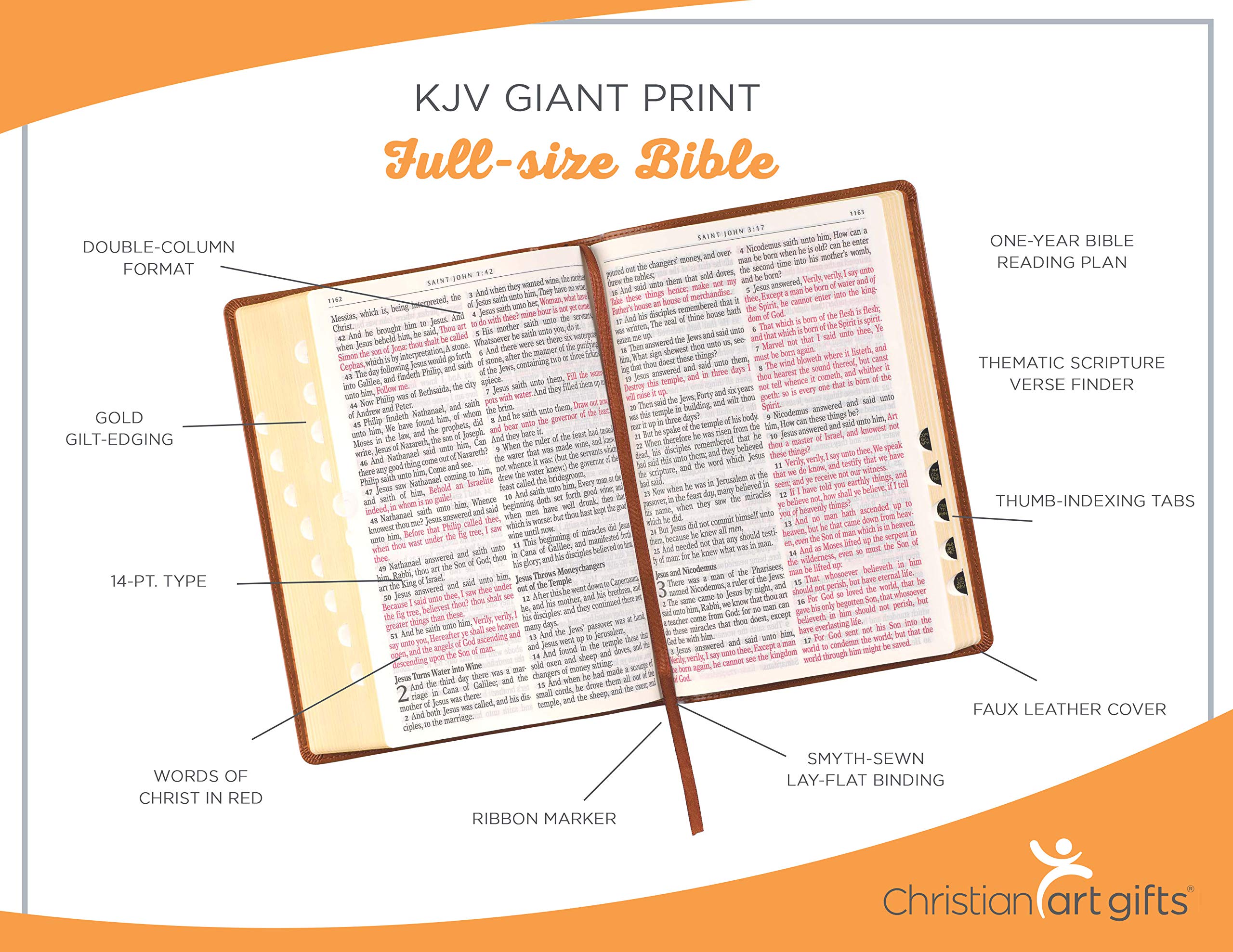 KJV Holy Bible, Giant Print Full-Size, Antiqued Brown Faux Leather w/Ribbon Marker, Red Letter, Thumb Index, King James Version