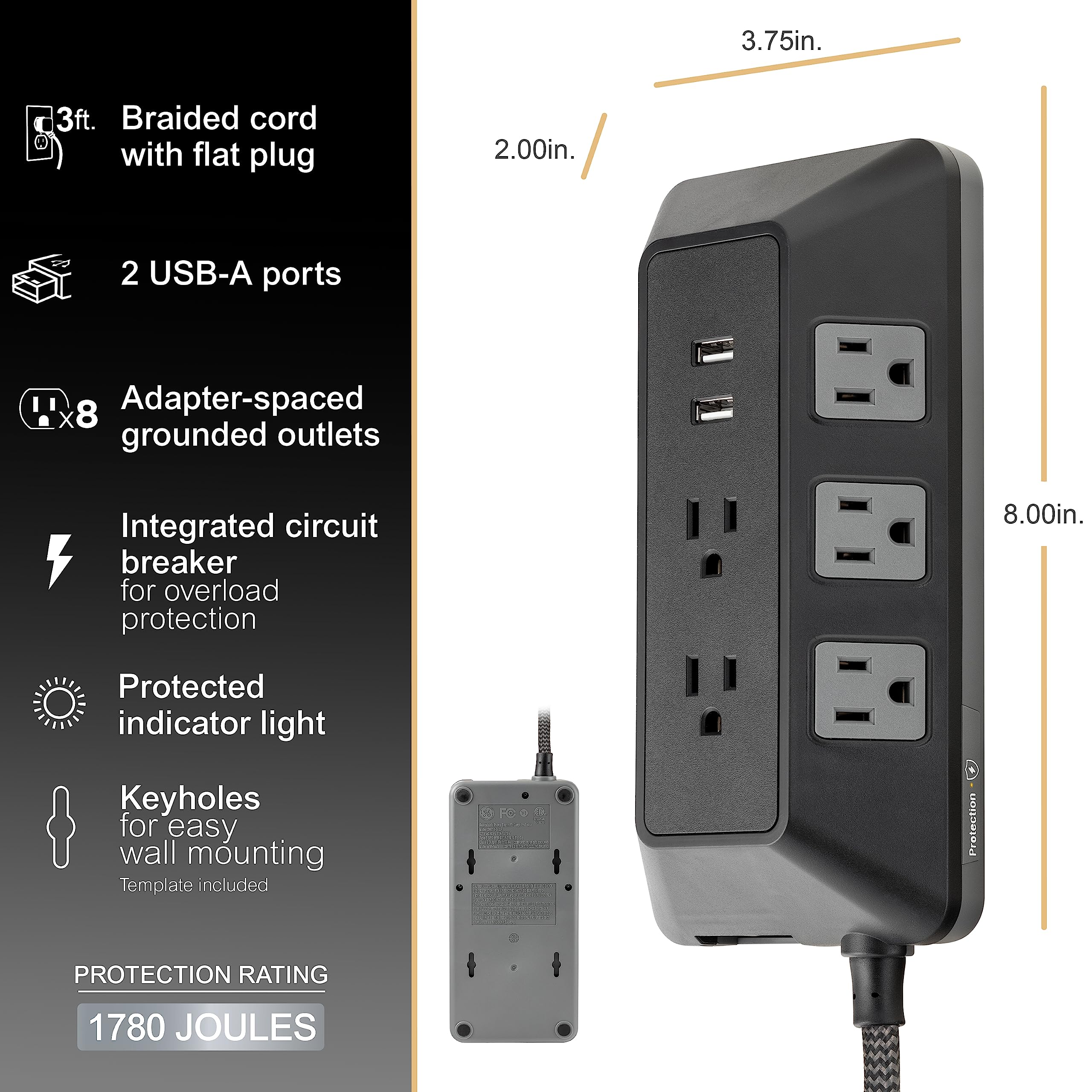 GE UltraPro Adapt 8-Outlet Surge Protector with USB Ports, 2 USB-A Ports, 2.4A, 3ft Braided Cord Power Strip Surge Protector, 1780 Joules, Black, 73776