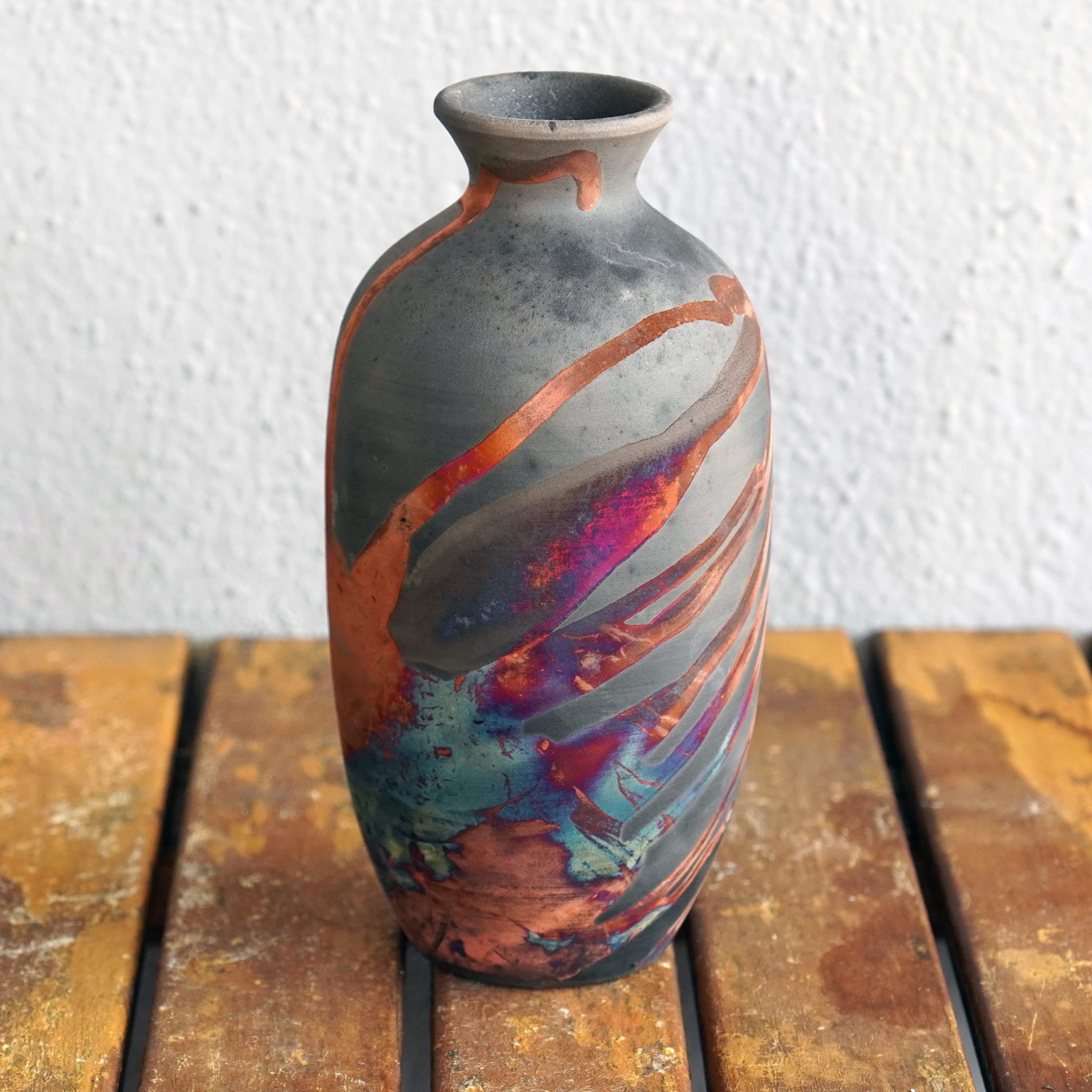 RAAQUU Koban 7 inch Raku Ceramic Pottery Vase - Carbon Half Copper Matte Raku Pottery with Water Tube Gifts for her mom, Boho, Home Decor