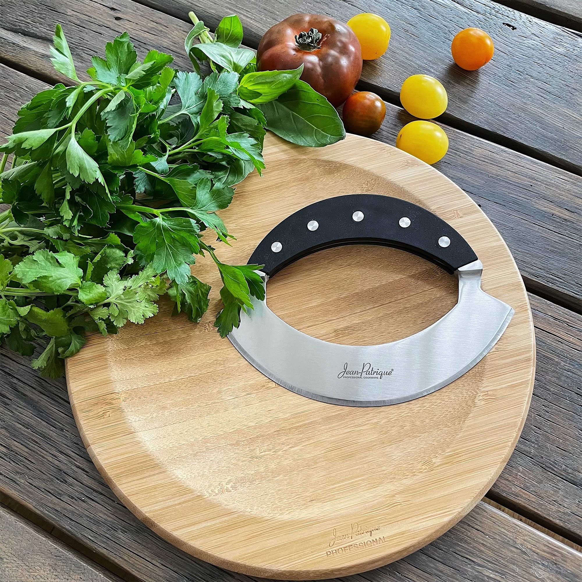 Mezzaluna Knife with Board - Salad Chopper/Pizza Cutter Rocker, Single-Handled with a Stainless Steel Blade - by Jean Patrique