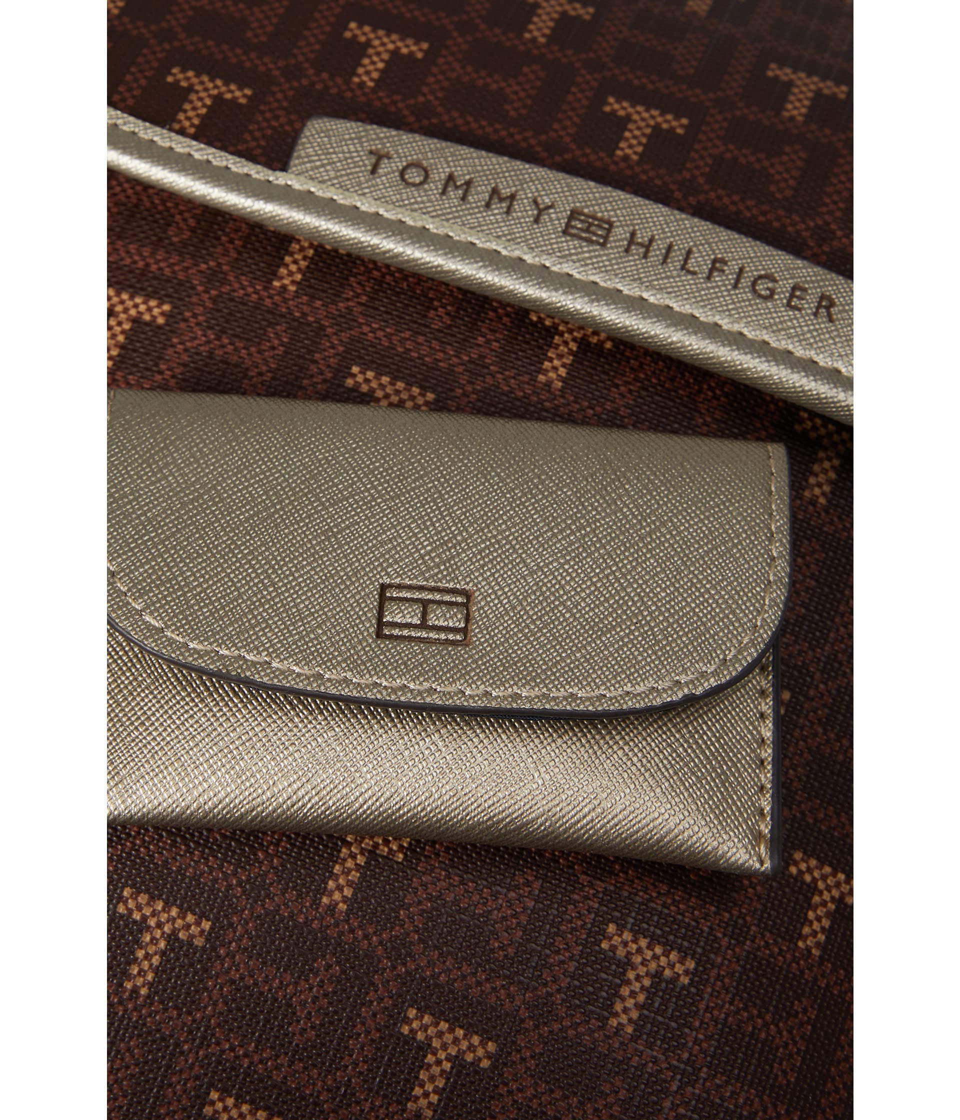 Tommy Hilfiger Kennedy II Flap Backpack w/Hangoff-Coated Square Monogram Chestnut/Heritage Brown/Gold Metallic Trim One Size