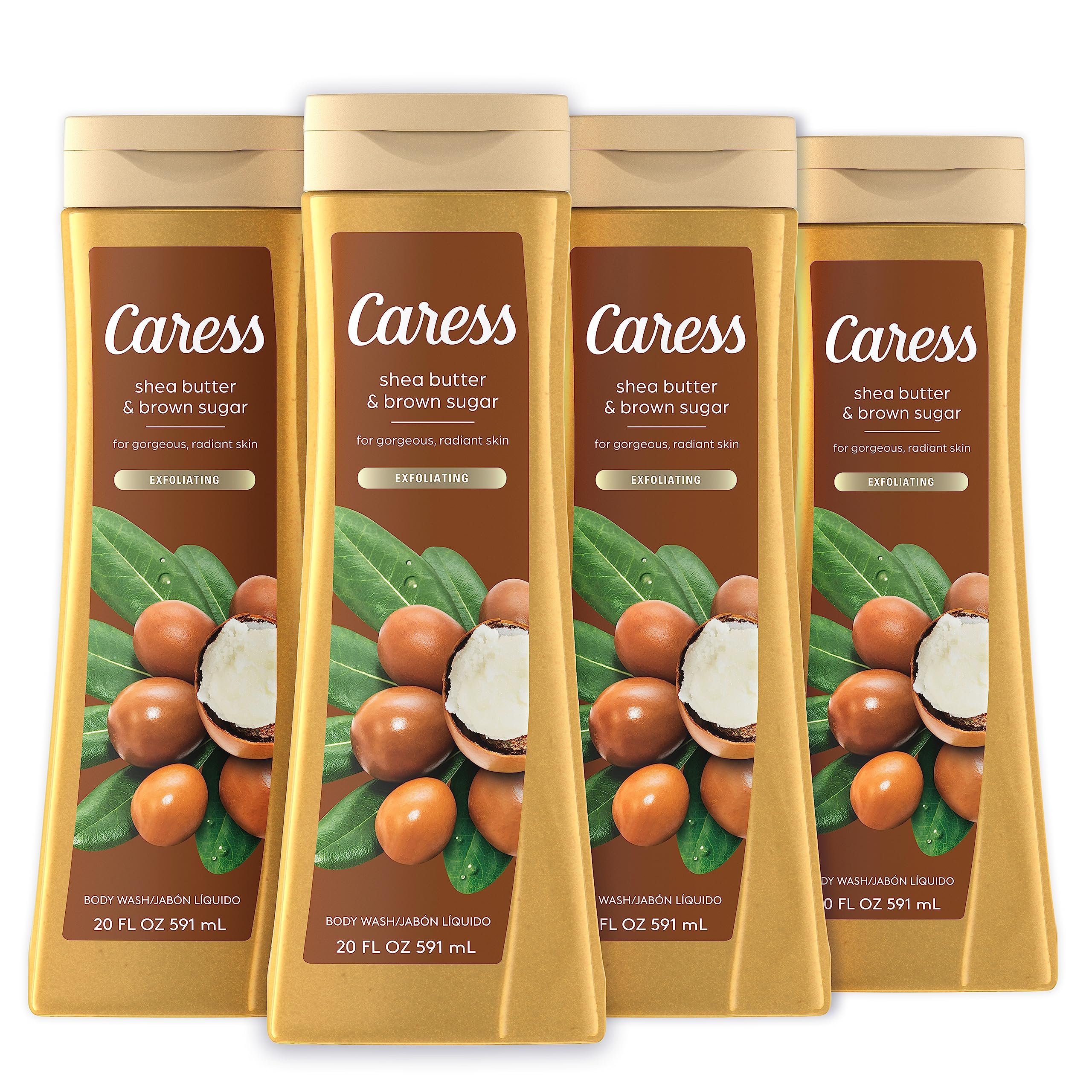 Caress Body Wash Shea Butter & Brown Sugar For Gorgeous, Radiant Skin Hydrating and Exfoliating Body Wash 20 fl oz, Pack of 4