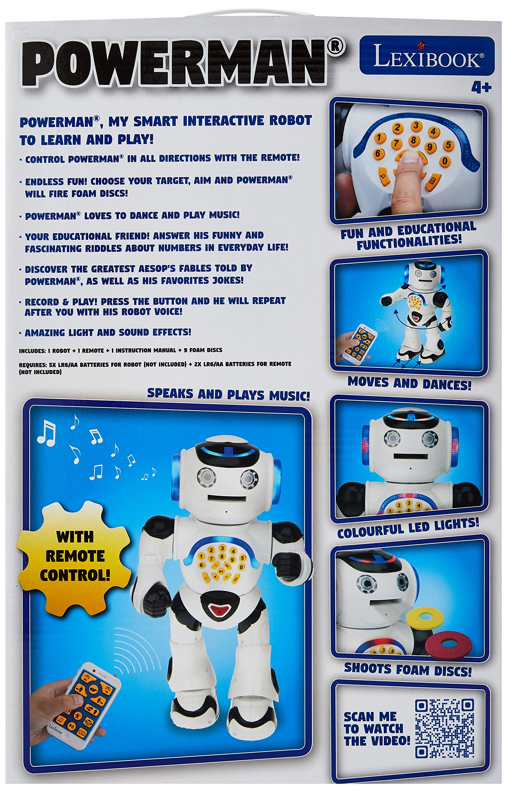 LEXiBOOK, Powerman Remote Control Walking Talking Toy Robot, Educational Robot, Dances, Sings, Reads Stories, Math Quiz, Shooting Discs, & Voice Mimicking, Black, White, ROB50EN