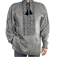 Vyshyvanka Men Ukrainian Shirt Hand Embroidery Gray Linen Black Satin Stitch Size L