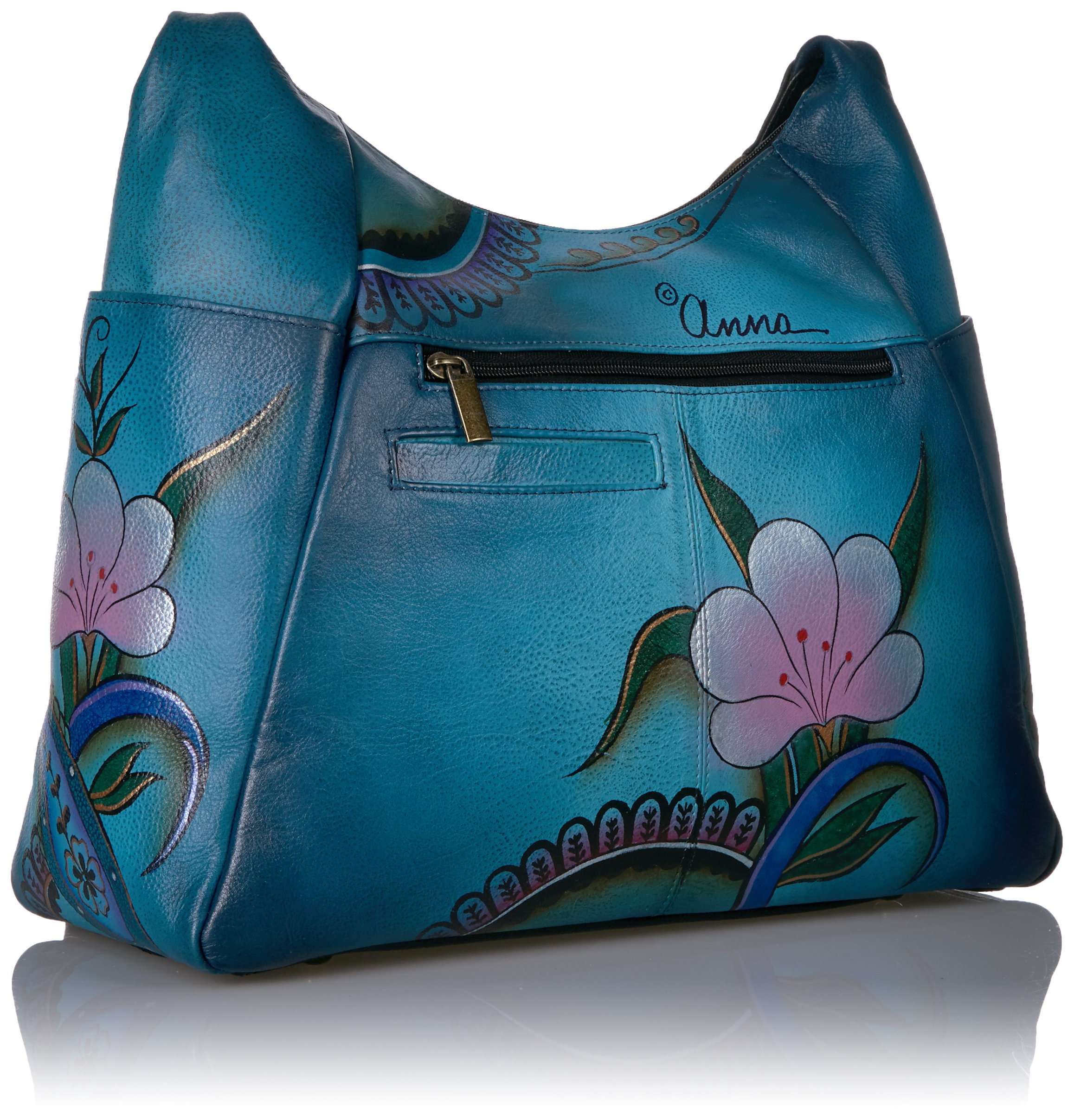 Anna by Anuschka womens Large Multi Pocket Hobo Handbag Genuine Leather, Denim Paisley Floral, 14 X 11 X 5.5 US